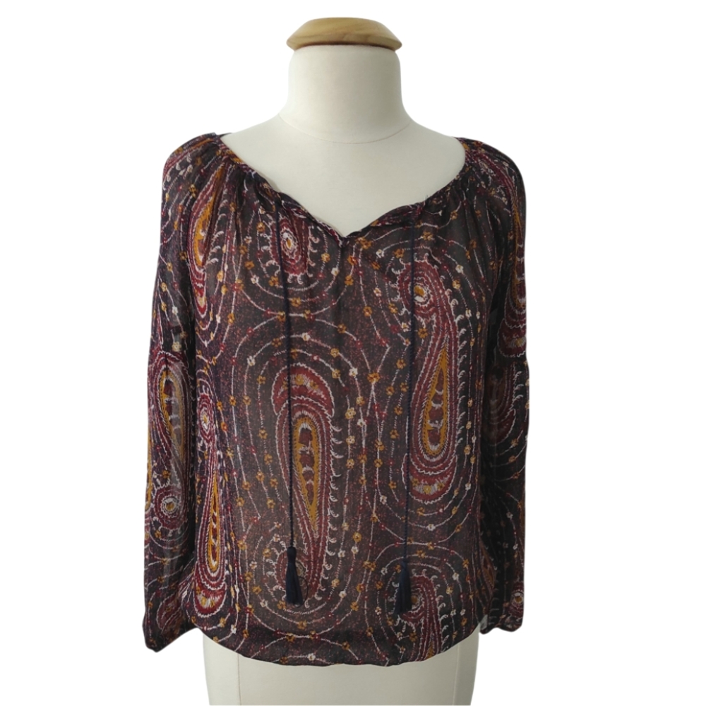 Lucky Brand Paisley Peasant Top Sheer Stretch Hem Long Sleeve Purple Medium